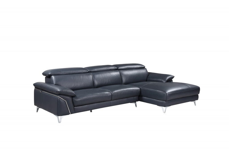 Homeroots Dark Blue Italian Leather Stationary Two Piece Sofa And Chaise - Living Room Express