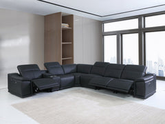 Homeroots Black Italian Leather Power Recline Seven Piece Corner Sectional - Living Room Express