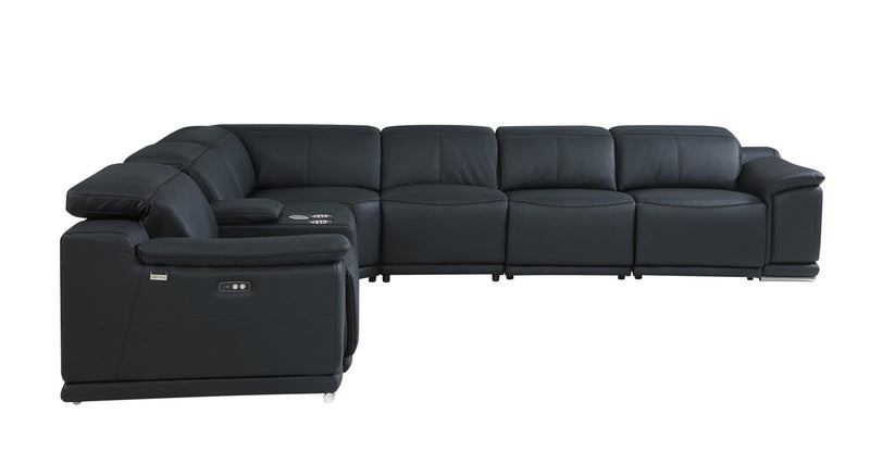 Homeroots Black Italian Leather Power Recline Seven Piece Corner Sectional - Living Room Express